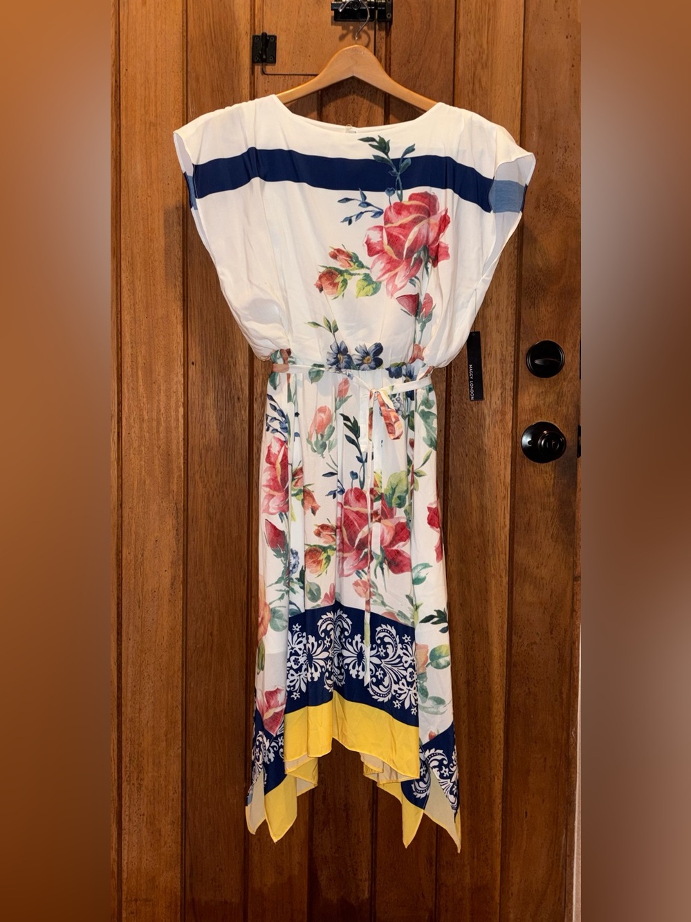 Maggie London White Floral Midi Dress with Navy & Yellow Accents
